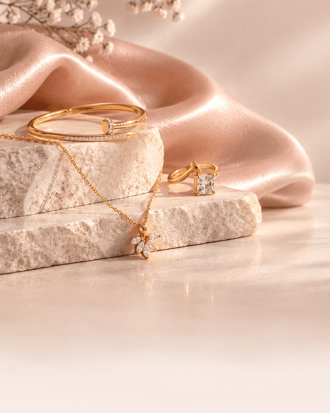 Gold jewelry arranged on blush silk and natural stone